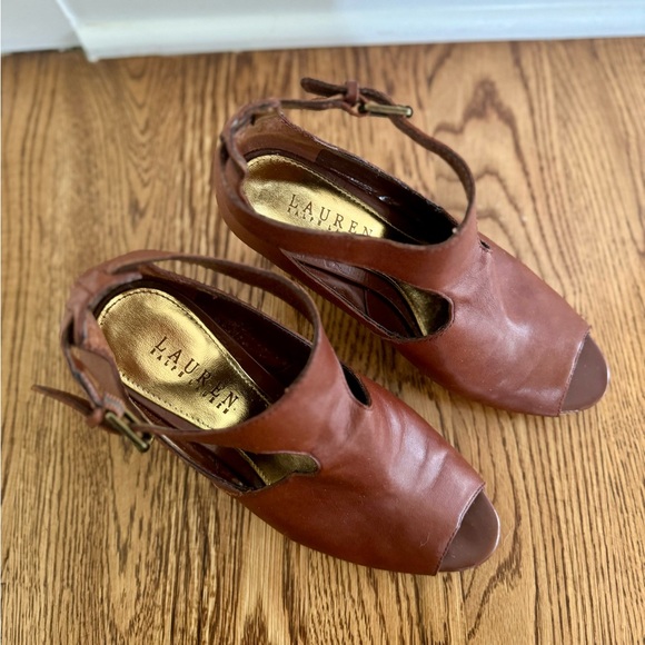 Lauren Ralph Lauren Brown Leather Wedge Sandals - Picture 3 of 5